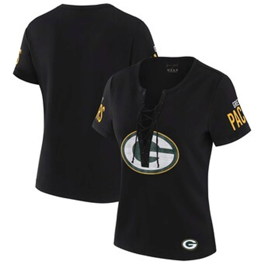 Women's WEAR by Erin Andrews x Gracie Hunt Black Green Bay Packers Draft Me Lace-Up T-Shirt