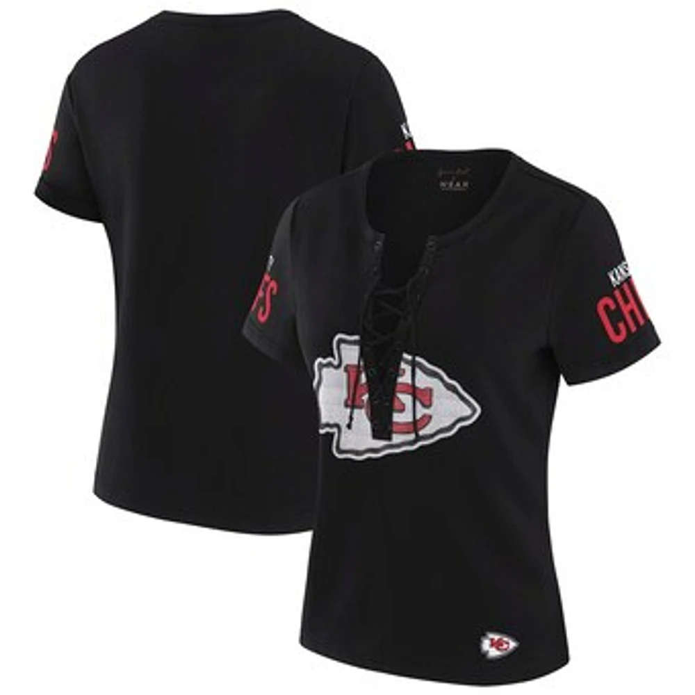 Women's WEAR by Erin Andrews x Gracie Hunt Black Kansas City Chiefs Draft Me Lace-Up T-Shirt