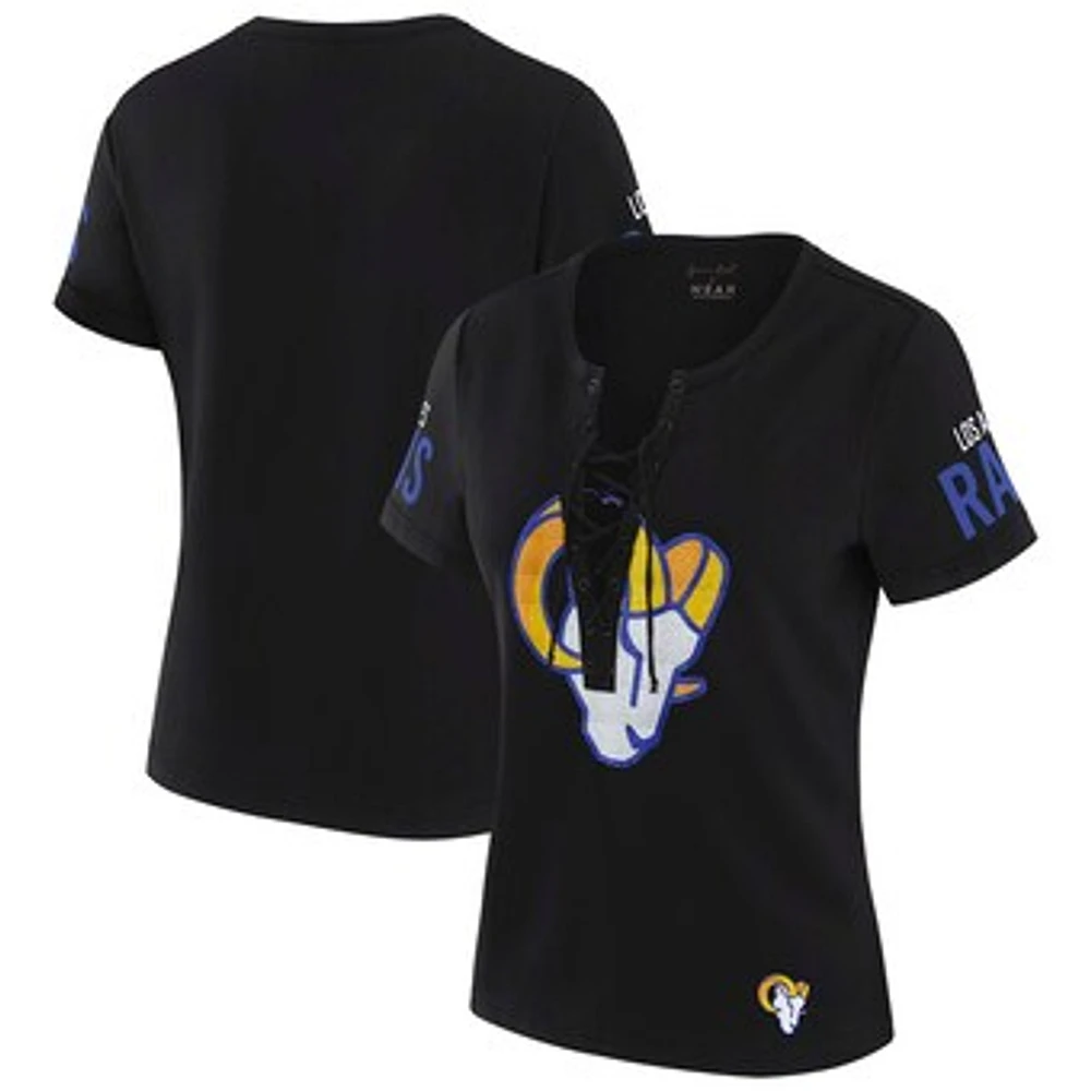 Women's WEAR by Erin Andrews x Gracie Hunt Black Los Angeles Rams Draft Me Lace-Up T-Shirt