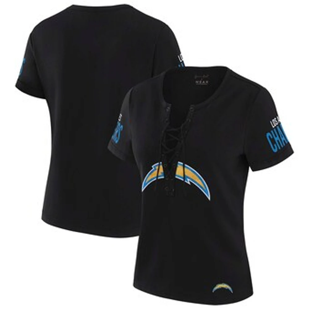 Women's WEAR by Erin Andrews x Gracie Hunt Black Los Angeles Chargers Draft Me Lace-Up T-Shirt