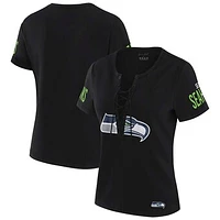 Women's WEAR by Erin Andrews x Gracie Hunt Black Seattle Seahawks Draft Me Lace-Up T-Shirt