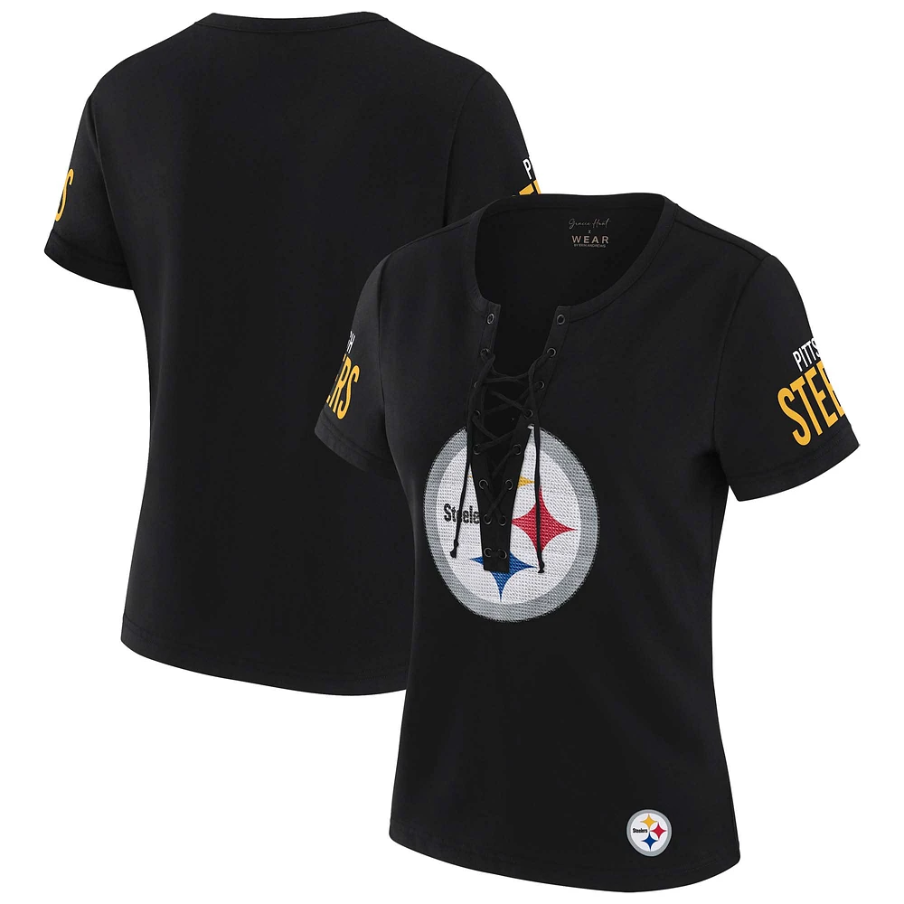 Women's WEAR by Erin Andrews x Gracie Hunt Black Pittsburgh Steelers Draft Me Lace-Up T-Shirt