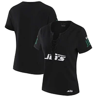 Women's WEAR by Erin Andrews x Gracie Hunt Black New York Jets Draft Me Lace-Up T-Shirt