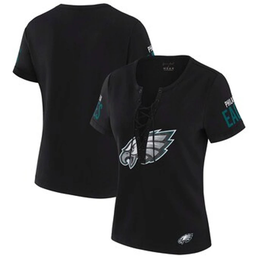 Women's WEAR by Erin Andrews x Gracie Hunt Black Philadelphia Eagles Draft Me Lace-Up T-Shirt