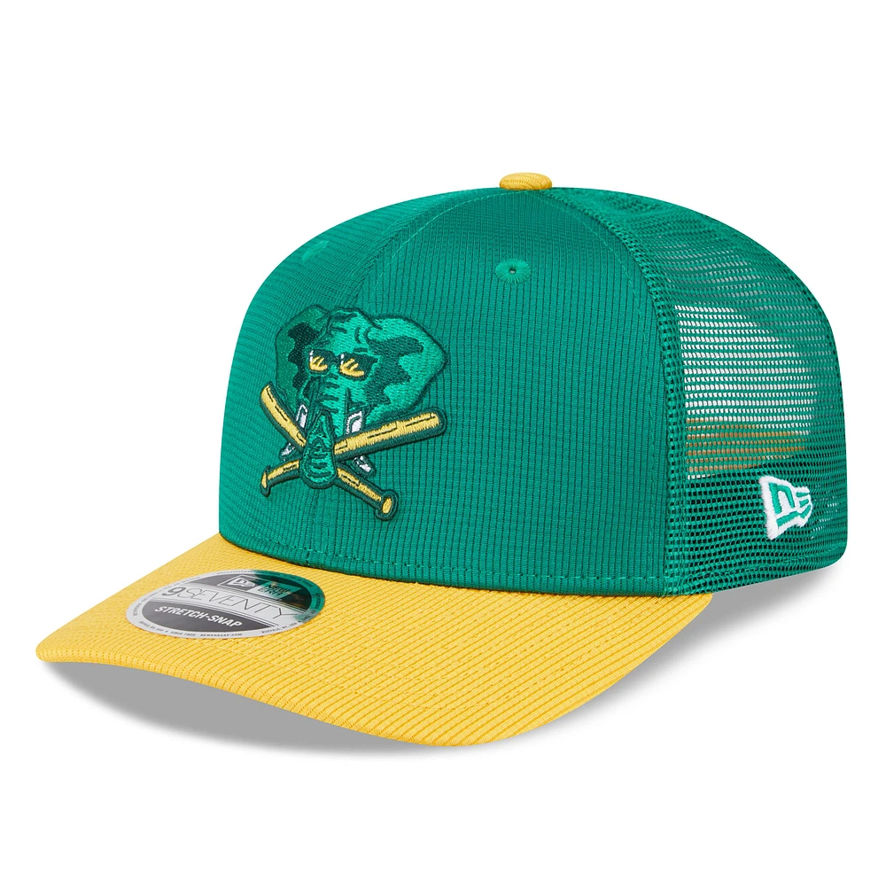 Men's New Era  Green/Gold Athletics 2025 Batting Practice 9SEVENTY Stretch-Snap Trucker Hat