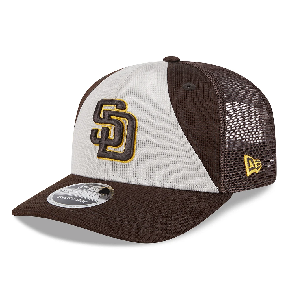 Men's New Era  Cream/Brown San Diego Padres 2025 Batting Practice 9SEVENTY Stretch-Snap Trucker Hat