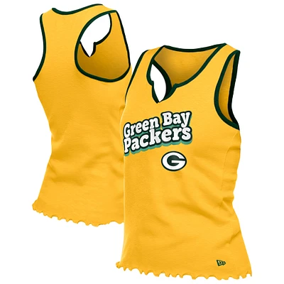 Women's New Era  Gold Green Bay Packers Lettuce Hem Notch Neck Tri-Blend Tank Top