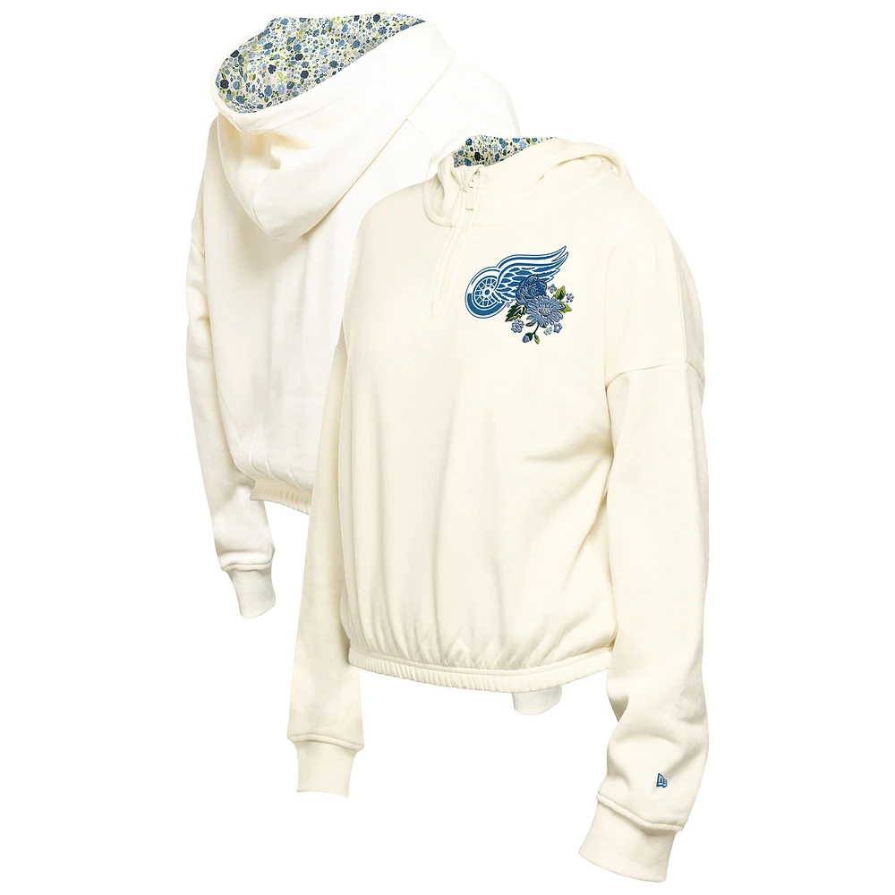 Women's New Era Cream Detroit Red Wings Glam Game Quarter-Zip Cropped Floral Hoodie Pullover