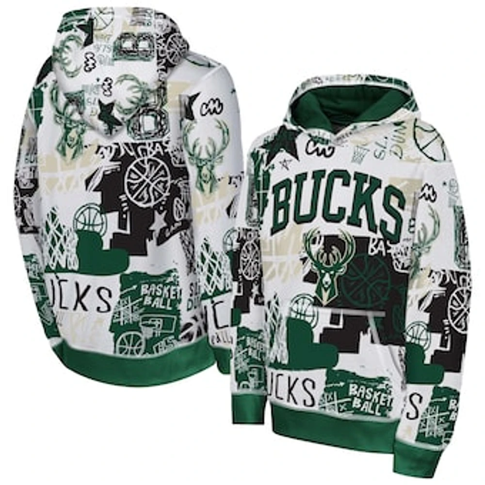 Youth White/Hunter Green Milwaukee Bucks Wild Style Pullover Hoodie