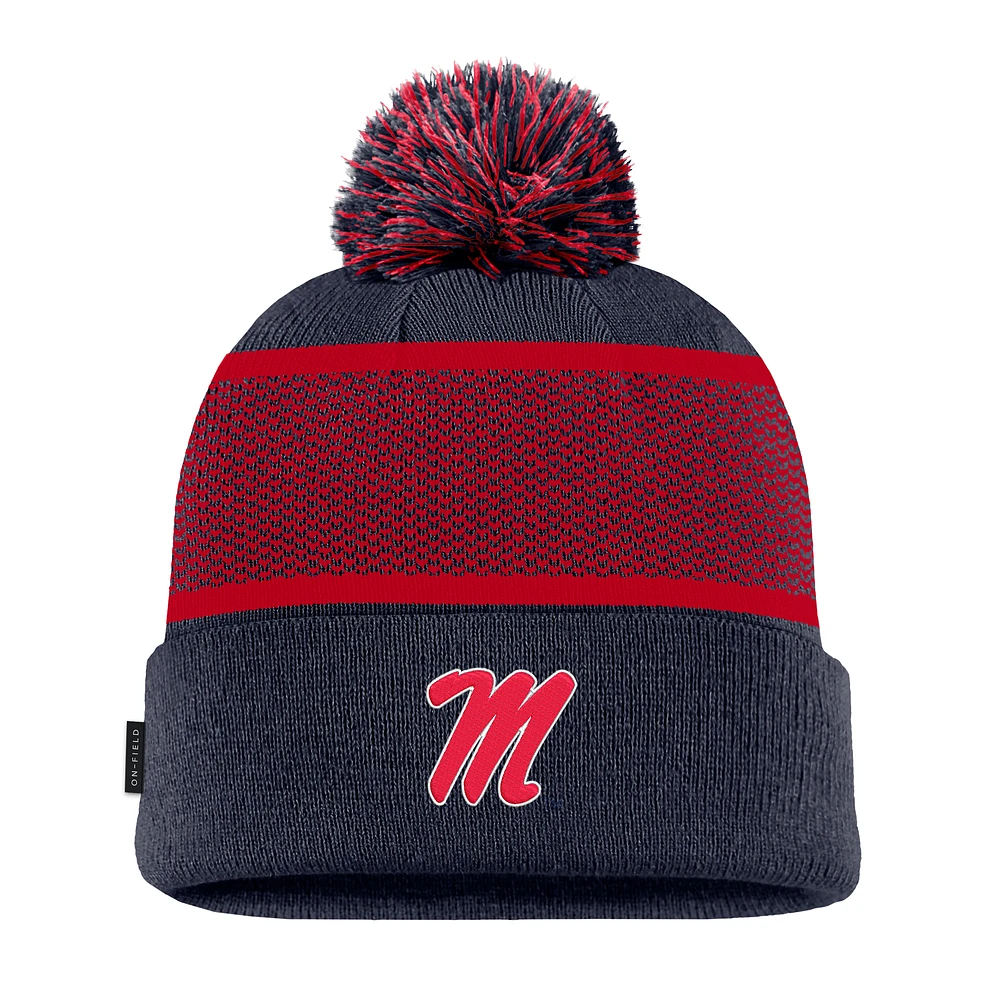 Men's Nike Navy Ole Miss Rebels 2024 Sideline Peak Cuffed Knit Hat with Pom