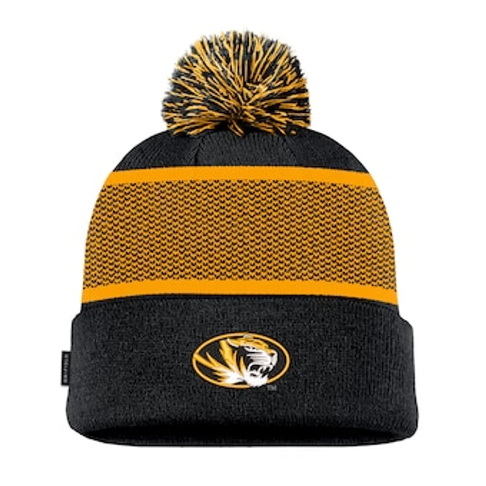 Youth Nike Black Missouri Tigers 2024 Sideline Peak Cuffed Knit Hat with Pom