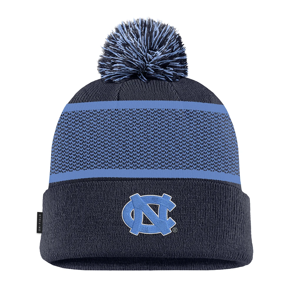 Youth Jordan Brand Navy North Carolina Tar Heels 2024 Sideline Peak Cuffed Knit Hat with Pom