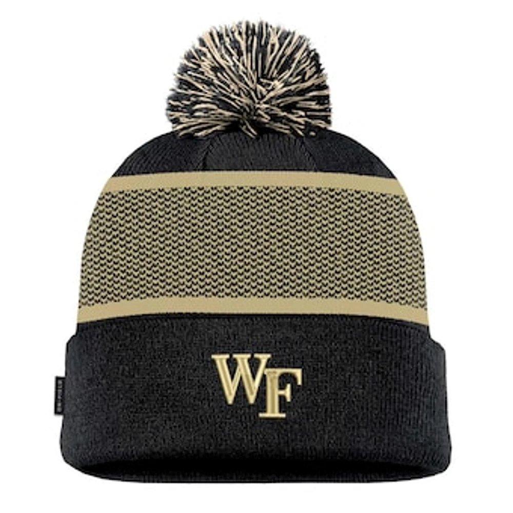 Youth Nike Black Wake Forest Demon Deacons 2024 Sideline Peak Cuffed Knit Hat with Pom