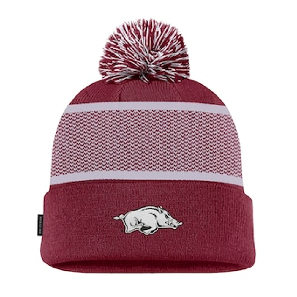 Youth Nike Crimson Arkansas Razorbacks 2024 Sideline Peak Cuffed Knit Hat with Pom