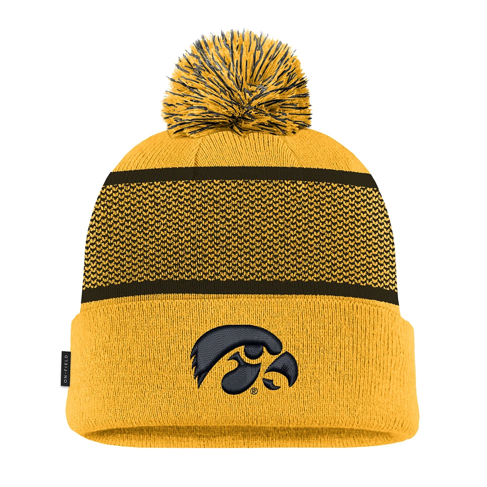 Youth Nike Gold Iowa Hawkeyes 2024 Sideline Peak Cuffed Knit Hat with Pom