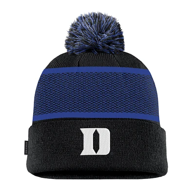 Youth Nike Black Duke Blue Devils 2024 Sideline Peak Cuffed Knit Hat with Pom