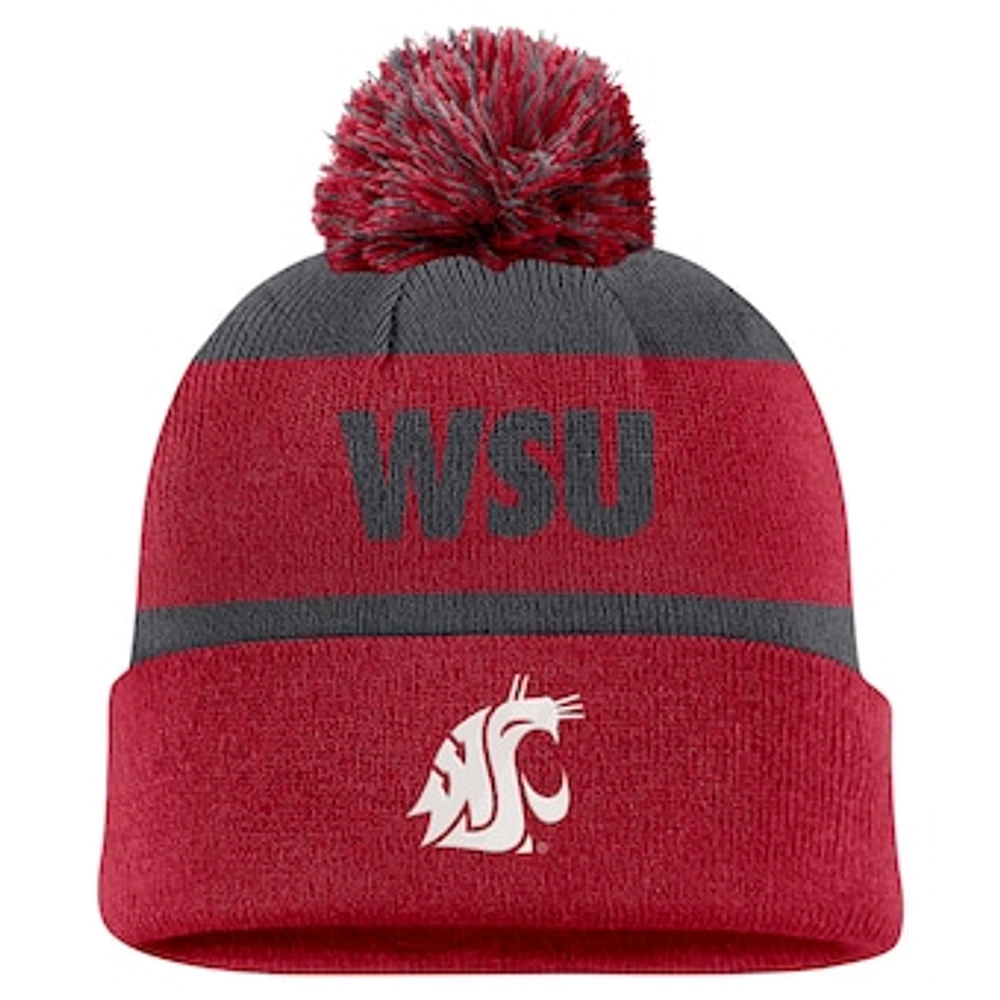 Men's Nike Charcoal/Crimson Washington State Cougars Peak Stripe Cuffed Knit Hat with Pom