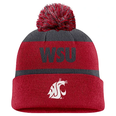 Men's Nike Charcoal/Crimson Washington State Cougars Peak Stripe Cuffed Knit Hat with Pom