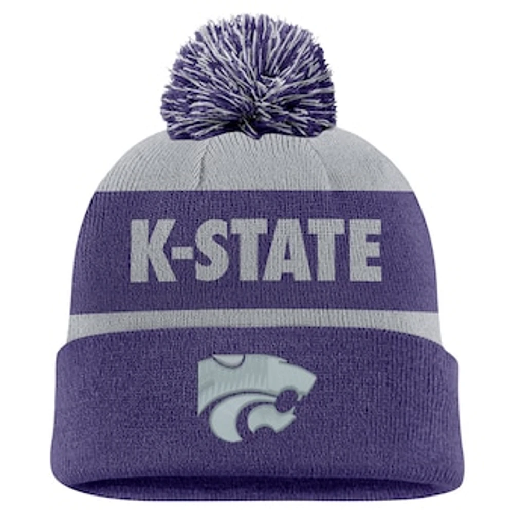 Men's Nike Gray/Purple Kansas State Wildcats Peak Stripe Cuffed Knit Hat with Pom