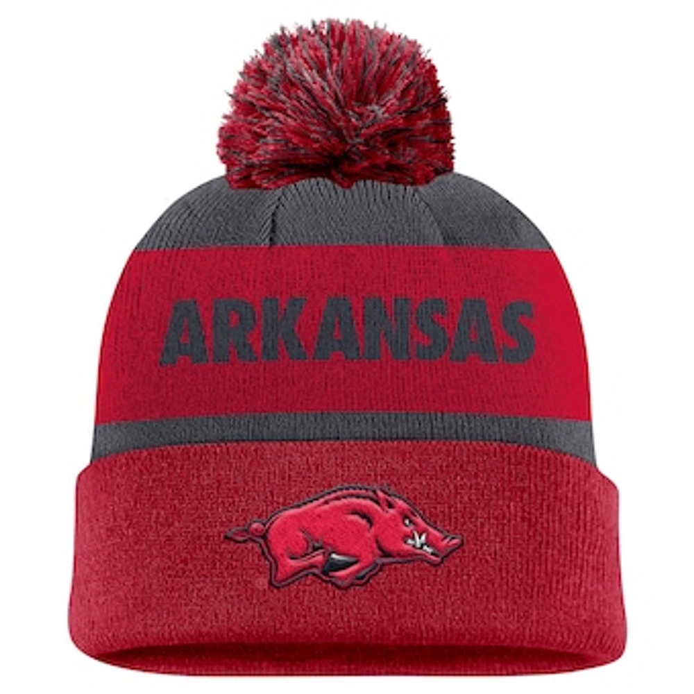 Men's Nike Charcoal/Cardinal Arkansas Razorbacks Peak Stripe Cuffed Knit Hat with Pom