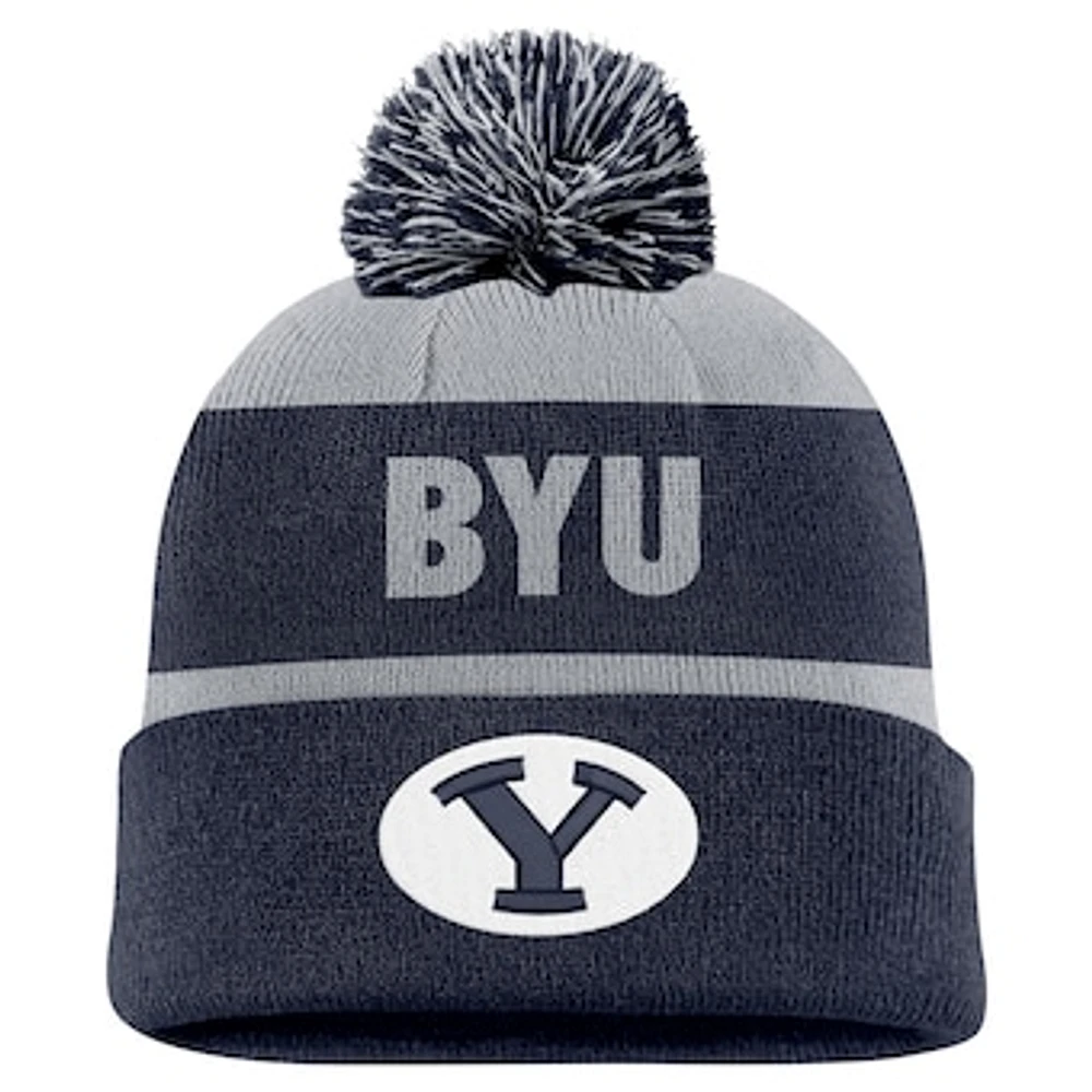 Men's Nike Gray/Navy BYU Cougars Peak Stripe Cuffed Knit Hat with Pom