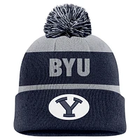 Men's Nike Gray/Navy BYU Cougars Peak Stripe Cuffed Knit Hat with Pom