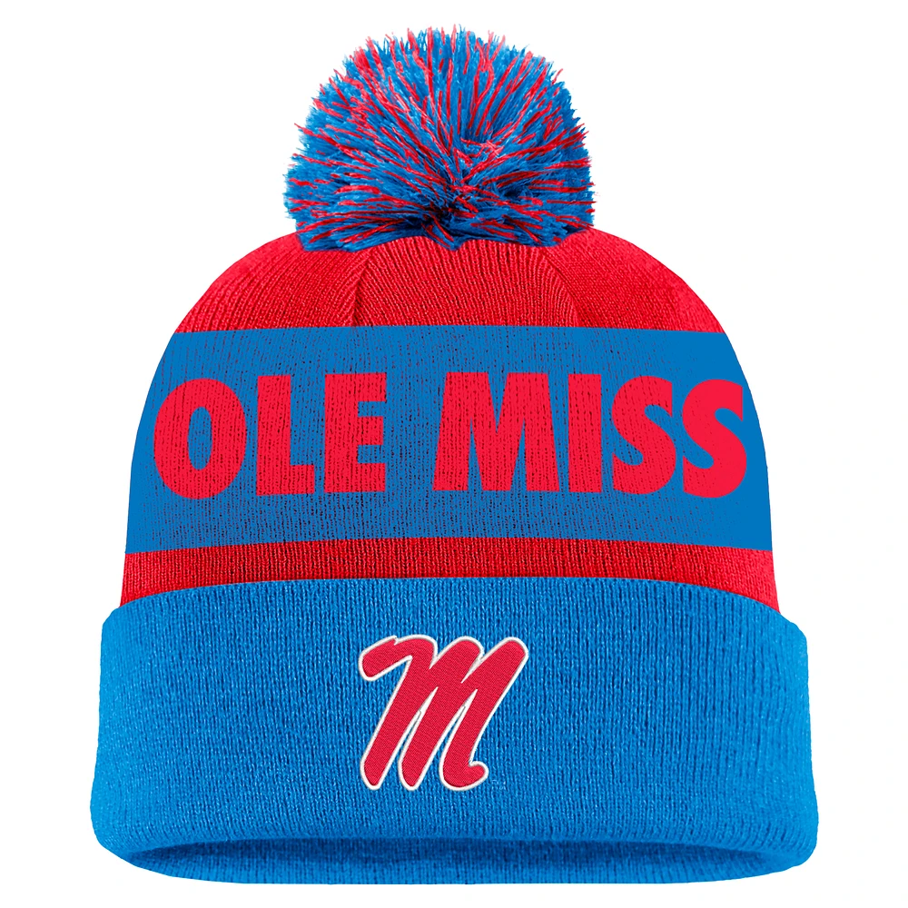 Men's Nike Red/Blue Ole Miss Rebels Peak Stripe Cuffed Knit Hat with Pom