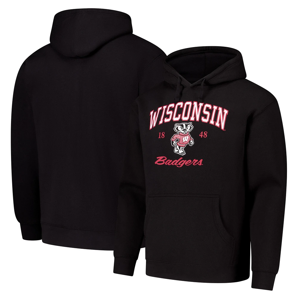 Men's League Collegiate Wear Black Wisconsin Badgers Arch Script Essential Fleece 2.0 Pullover Hoodie