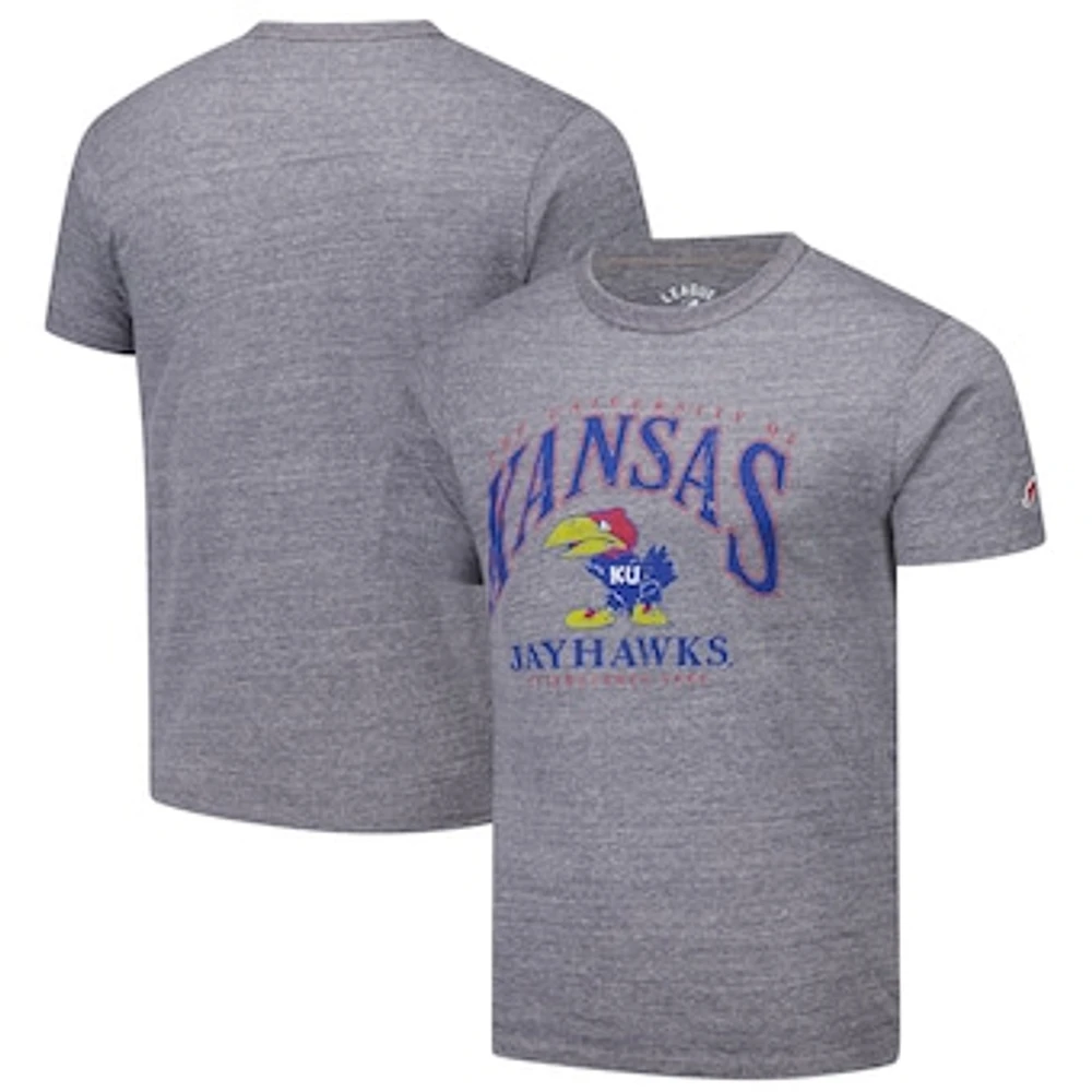 Men's League Collegiate Wear Heather Gray Kansas Jayhawks Tall Arch 2.0 Victory Falls Tri-Blend T-Shirt