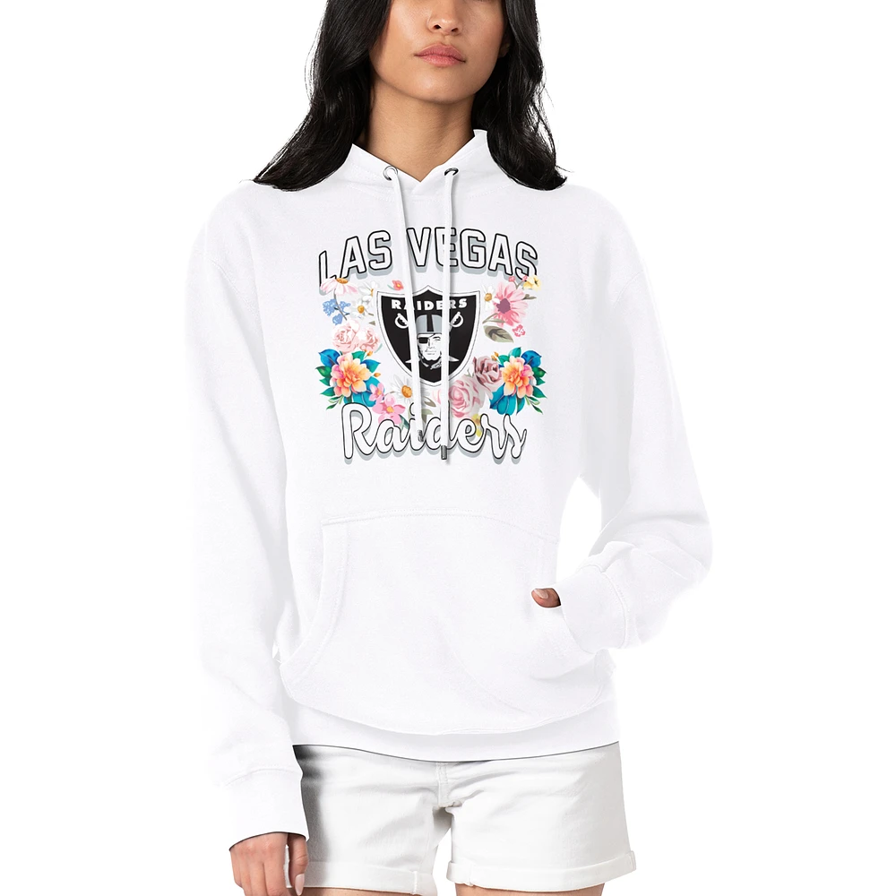 Women's G-III 4Her by Carl Banks White Las Vegas Raiders Flowers Team Logo Graphic Fleece Pullover Hoodie