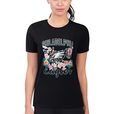 Women's G-III 4Her by Carl Banks Black Philadelphia Eagles Flowers Team Logo Graphic Fitted T-Shirt
