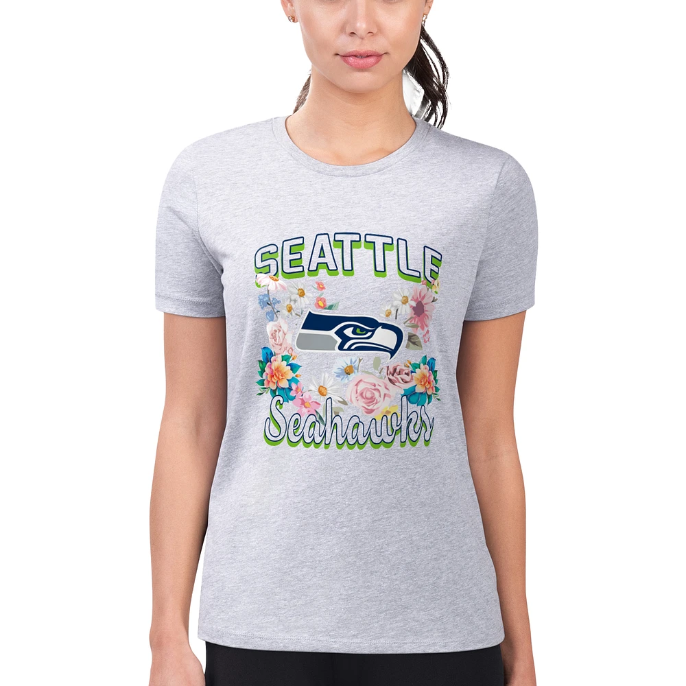 Women's G-III 4Her by Carl Banks Heather Gray Seattle Seahawks Flowers Team Logo Graphic Fitted T-Shirt