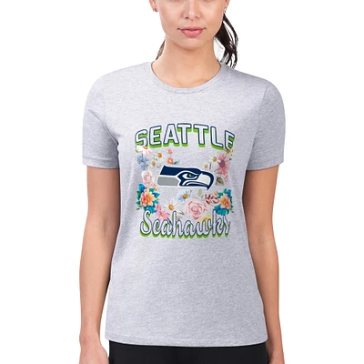Women's G-III 4Her by Carl Banks Heather Gray Seattle Seahawks Flowers Team Logo Graphic Fitted T-Shirt