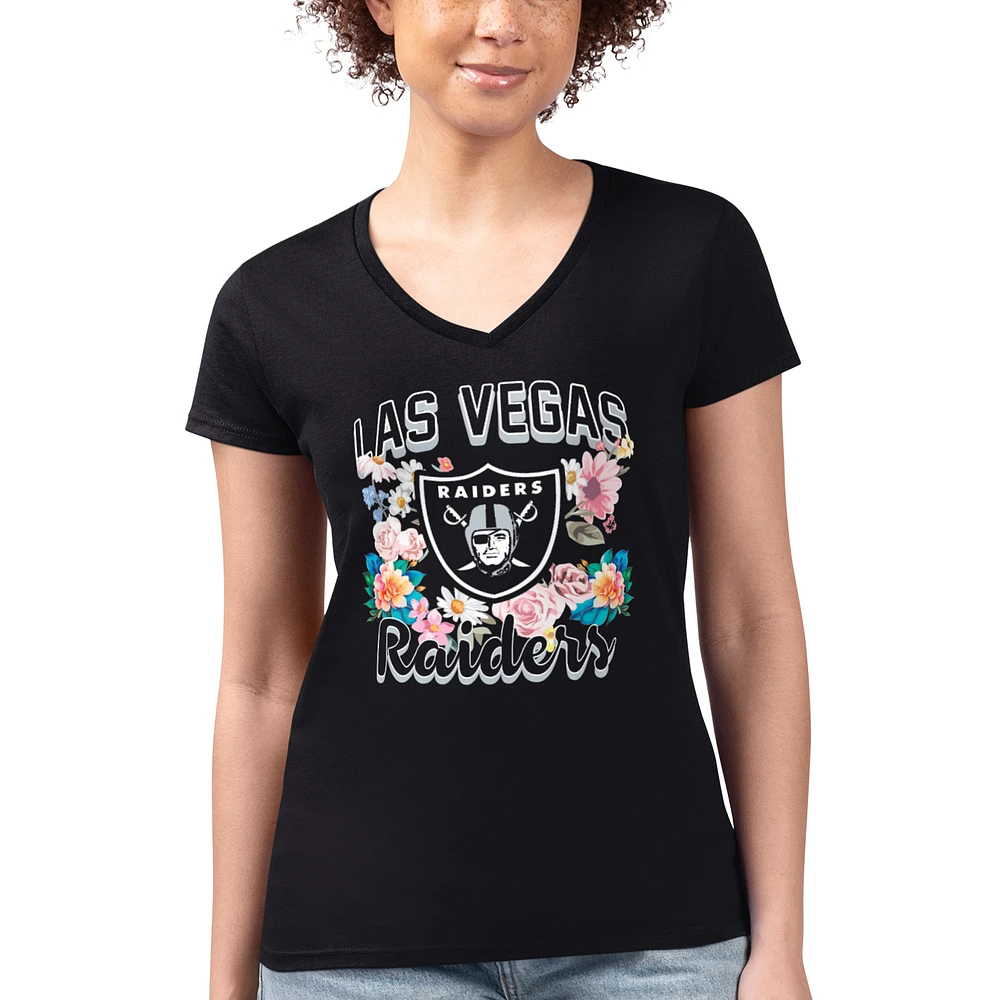 Women's G-III 4Her by Carl Banks Las Vegas Raiders Flowers Team Logo Graphic Fitted V-Neck T-Shirt