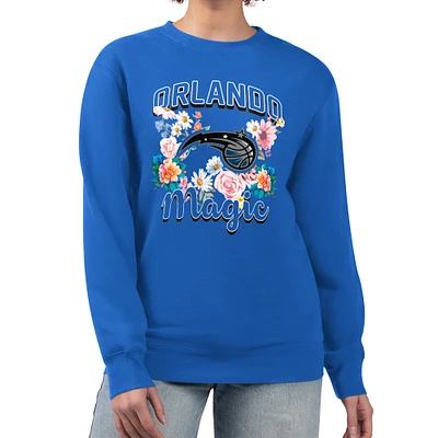 Women's G-III 4Her by Carl Banks Blue Orlando Magic Flowers Team Logo Graphic Fleece Crewneck Pullover Sweatshirt