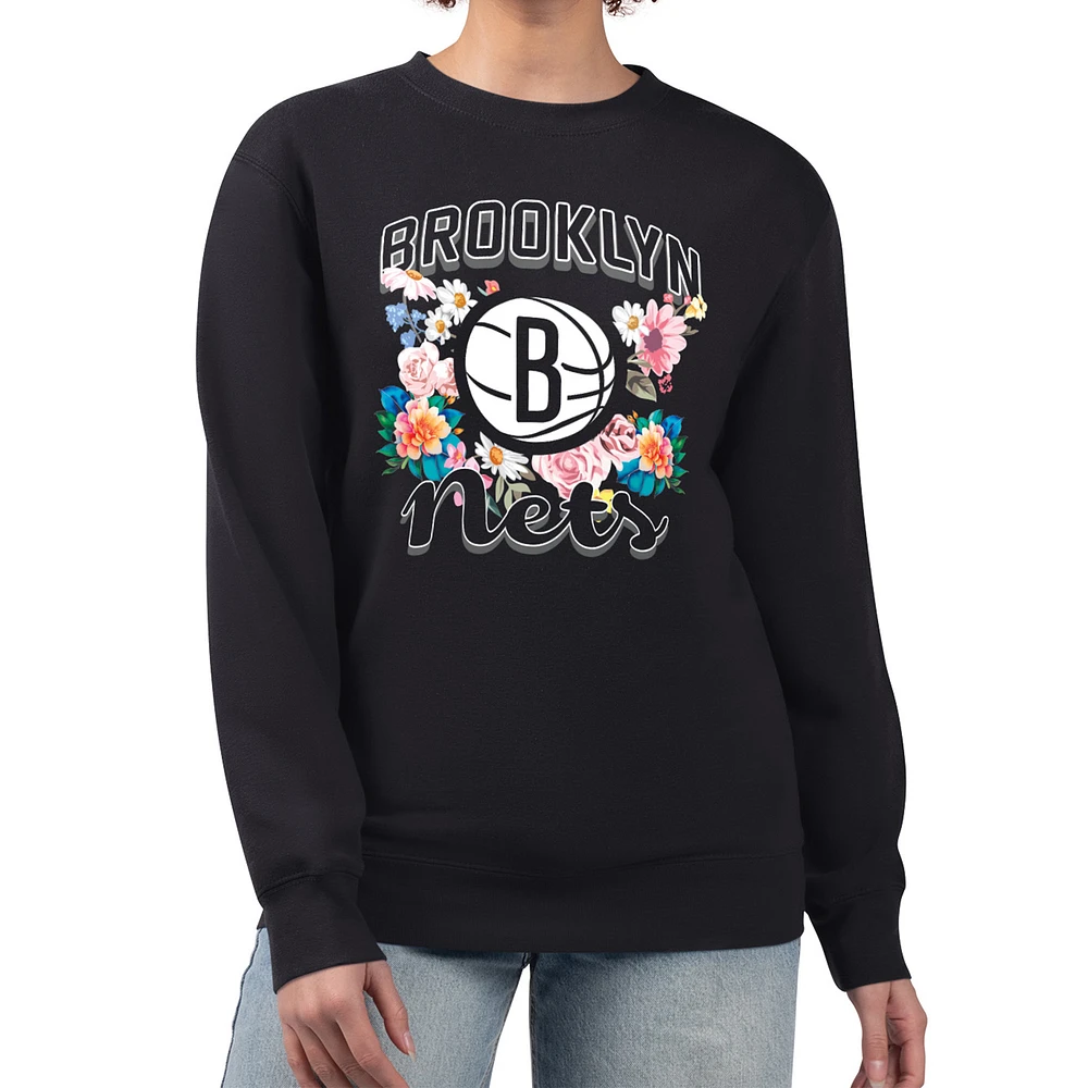 Women's G-III 4Her by Carl Banks Brooklyn Nets Flowers Team Logo Graphic Fleece Crewneck Pullover Sweatshirt
