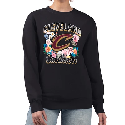 Women's G-III 4Her by Carl Banks Black Cleveland Cavaliers Flowers Team Logo Graphic Fleece Crewneck Pullover Sweatshirt