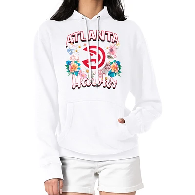 Women's G-III 4Her by Carl Banks White Atlanta Hawks Flowers Team Logo Graphic Fleece Pullover Hoodie