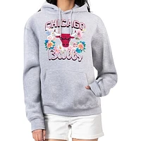Women's G-III 4Her by Carl Banks Heather Gray Chicago Bulls Flowers Team Logo Graphic Fleece Pullover Hoodie