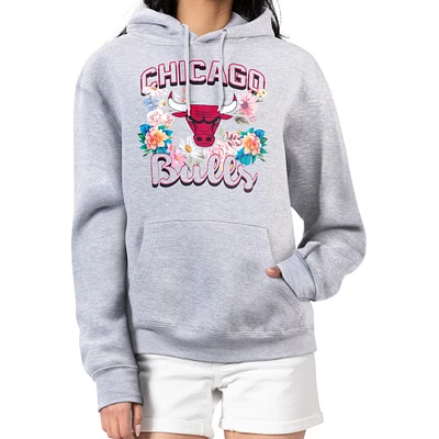 Women's G-III 4Her by Carl Banks Heather Gray Chicago Bulls Flowers Team Logo Graphic Fleece Pullover Hoodie