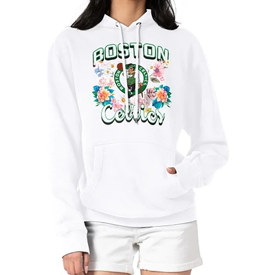 Women's G-III 4Her by Carl Banks White Boston Celtics Flowers Team Logo Graphic Fleece Pullover Hoodie