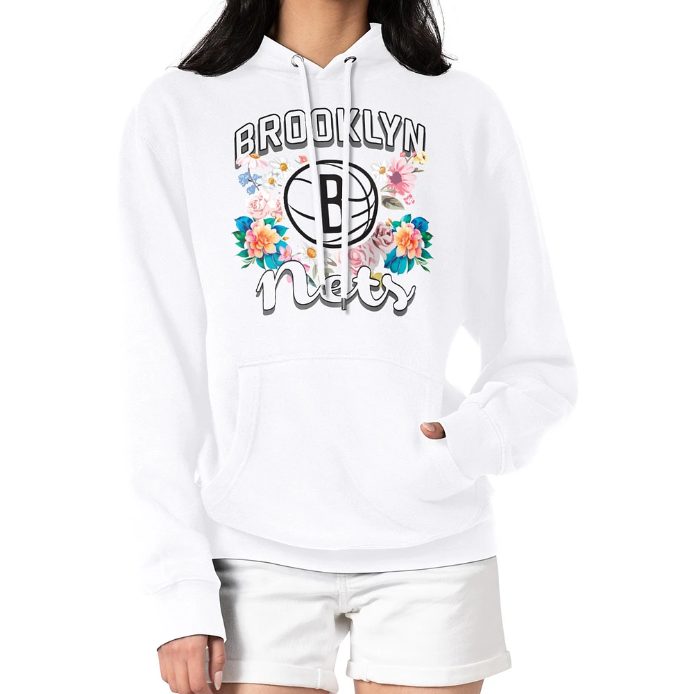 Women's G-III 4Her by Carl Banks White Brooklyn Nets Flowers Team Logo Graphic Fleece Pullover Hoodie