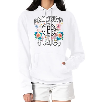 Women's G-III 4Her by Carl Banks White Brooklyn Nets Flowers Team Logo Graphic Fleece Pullover Hoodie