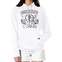 Women's G-III 4Her by Carl Banks White Brooklyn Nets Flowers Team Logo Graphic Fleece Pullover Hoodie