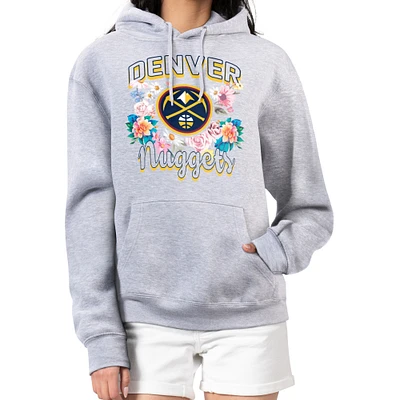 Women's G-III 4Her by Carl Banks Heather Gray Denver Nuggets Flowers Team Logo Graphic Fleece Pullover Hoodie