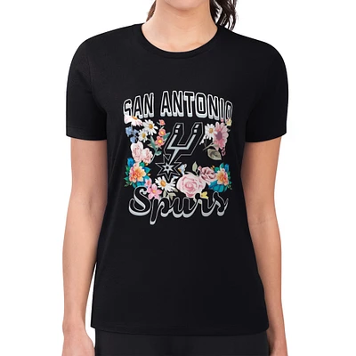 Women's G-III 4Her by Carl Banks Black San Antonio Spurs Flowers Team Logo Graphic Fitted T-Shirt