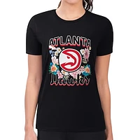Women's G-III 4Her by Carl Banks Black Atlanta Hawks Flowers Team Logo Graphic Fitted T-Shirt