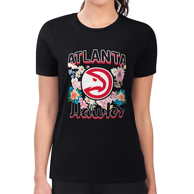 Women's G-III 4Her by Carl Banks Black Atlanta Hawks Flowers Team Logo Graphic Fitted T-Shirt