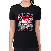 Women's G-III 4Her by Carl Banks Black Atlanta Hawks Flowers Team Logo Graphic Fitted T-Shirt