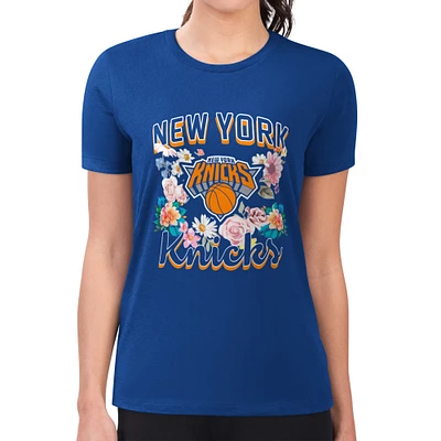 Women's G-III 4Her by Carl Banks Blue New York Knicks Flowers Team Logo Graphic Fitted T-Shirt